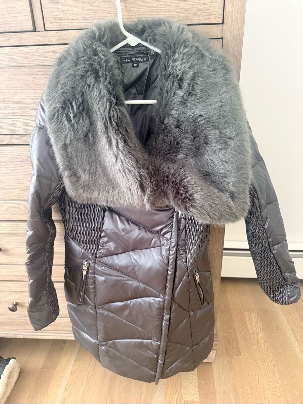 Via Spiga Gray Quilted Puffer Coat with Faux Fur Shawl Collar